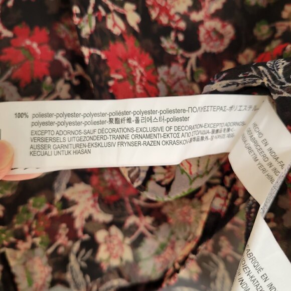 Zara Black Red Floral Print Ruffle Bib Long Sleeve Sheer Blouse Shirt Size XS - Picture 10 of 13